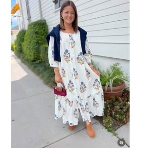 Fox & Hen Women's White‎ Blue Floral Print Tiered Maxi Dress Belted Midi Boho- M